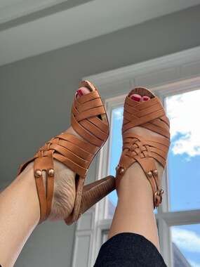 Coach Tan Woven Leather Strappy Cork Platform Sandals Size 8.5